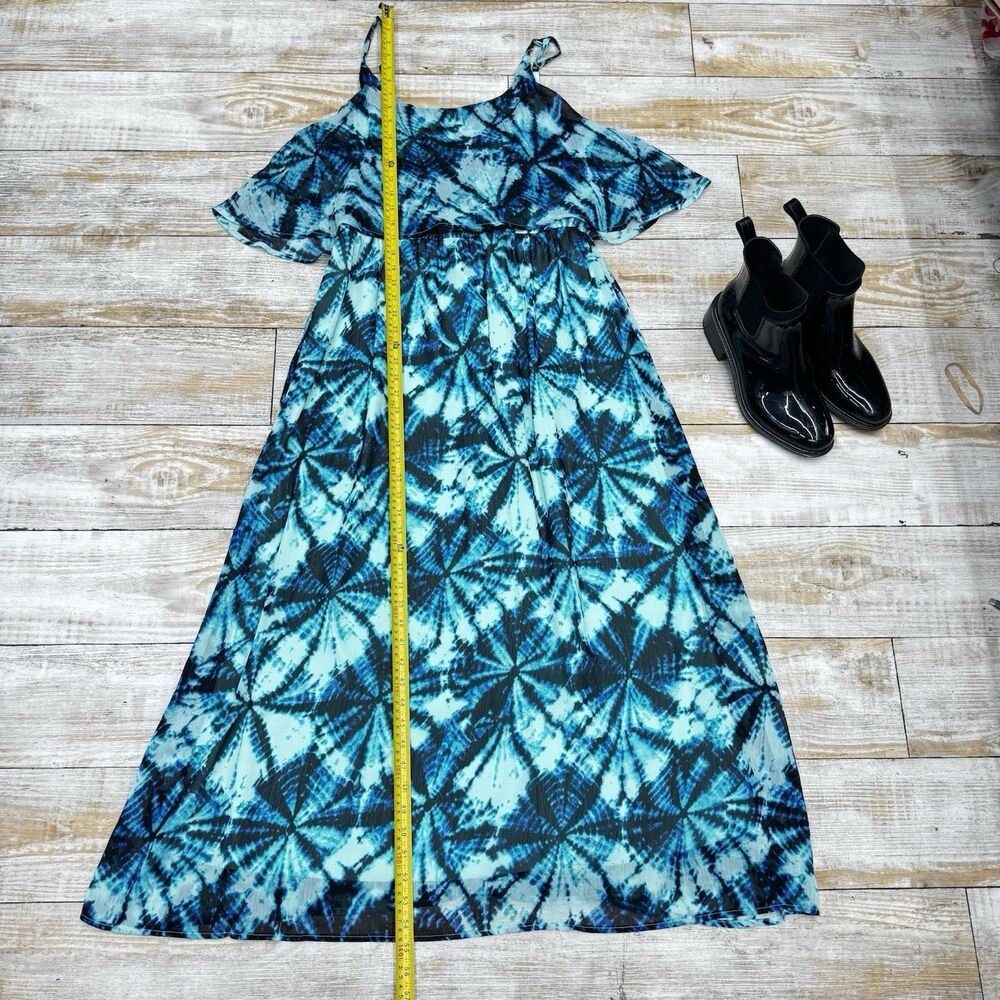 Faded Glory XL Flounce Top Maxi Dress Blue Black Tropical 16-18 Tie Dye Boho - Picture 9 of 9